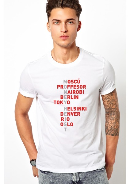 La Case De Papel Money Heist Baskılı Beyaz Erkek Örme Tshirt