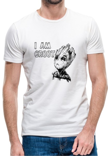 I Am Groot Wood Text Baskılı Beyaz Erkek Örme Tshirt