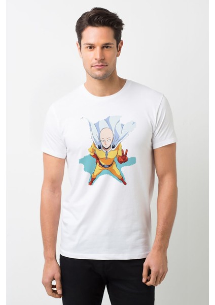 One Punch Man Baskılı Beyaz Erkek Örme Tshirt