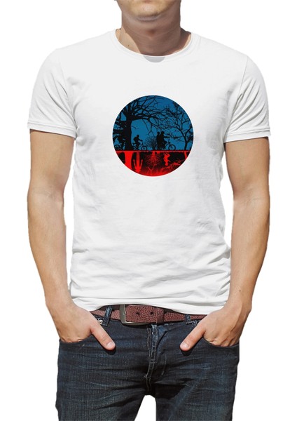 Stranger Things The Upside Down Biker Baskılı Beyaz Erkek Örme Tshirt