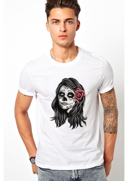 Queen Skull Baskılı Beyaz Erkek Örme Tshirt