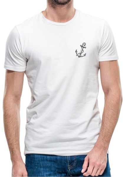 Gri Çapa Tişört Çapa Dövme Baskıresim Baskılı Beyaz Erkek Örme Tshirt