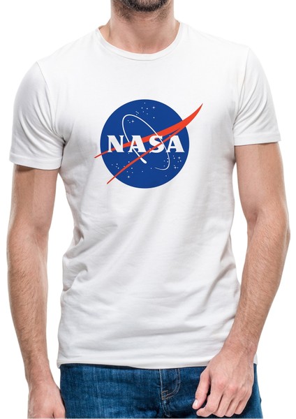 Nasa Logo Simge Baskılı Beyaz Erkek Örme Tshirt
