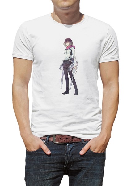 Anime Attack On Titan Baskılı Beyaz Erkek Örme Tshirt