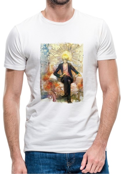 Anime One Piece King Baskılı Beyaz Erkek Örme Tshirt