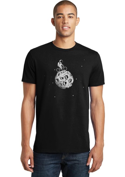 Astronot Ay Bisiklet Baskılı Siyah Erkek Örme Tshirt