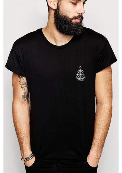 Çapa ve Dümen Illüstrasyon Gemi Çapa Baskılı Siyah Erkek Örme Tshirt