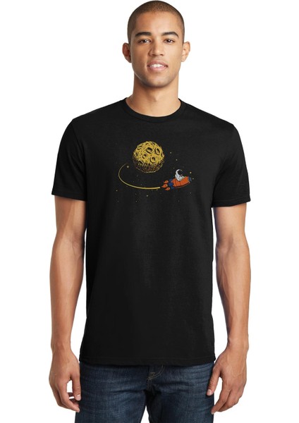 Astronaut Stay On Moon Rockect Uzay Baskılı Siyah Erkek Örme Tshirt