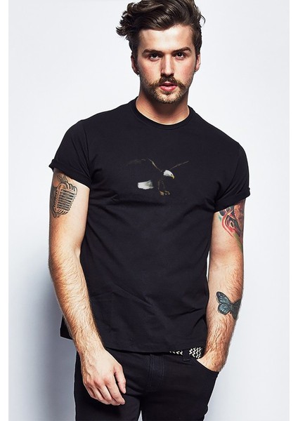 Kel Kartal Baskılı Siyah Erkek Örme Tshirt