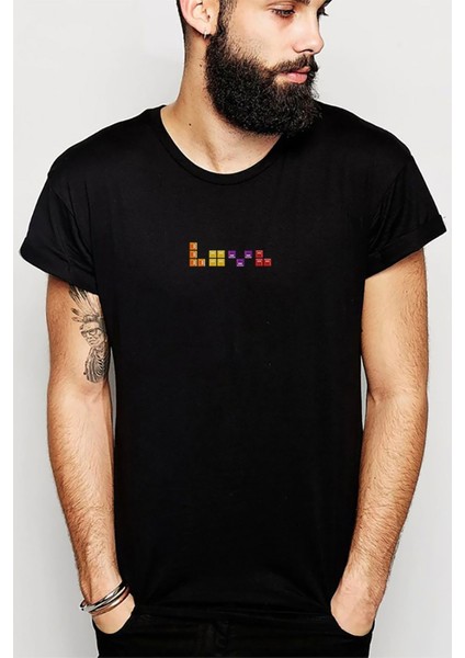 Tetris Love In Tetris T Shirt Baskılı Siyah Erkek Örme Tshirt