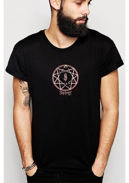 Slipknot Pentagram Baskılı Siyah Erkek Örme Tshirt