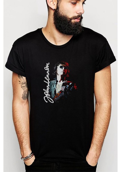Beatles John Lennon Metal Baskılı Siyah Erkek Örme Tshirt