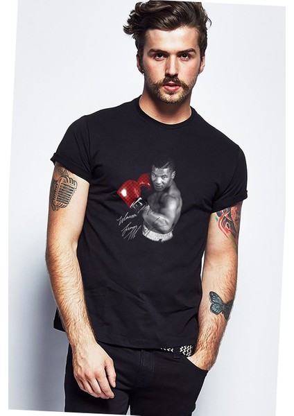 Mike Tyson Imza Boks Baskılı Siyah Erkek Örme Tshirt