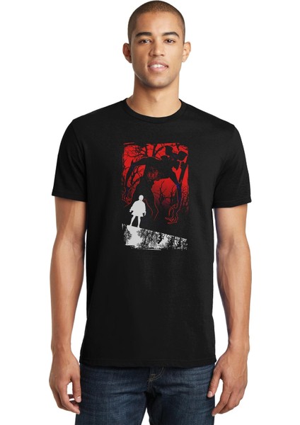 Stranger Things Eleven Demogorgon Baskılı Siyah Erkek Örme Tshirt