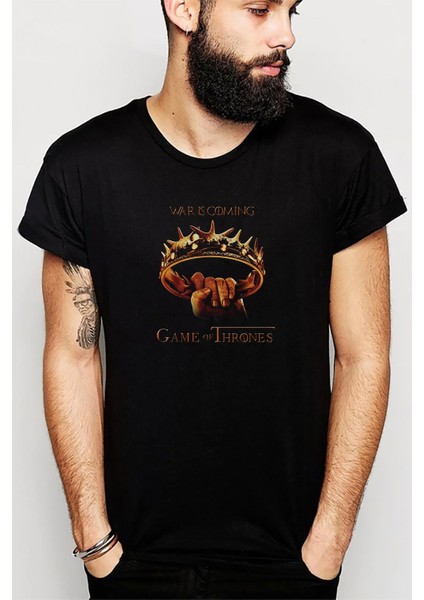 Game Of Thrones Baskılı Siyah Erkek Örme Tshirt