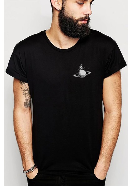 Astronot Jüpiter Bisiklet Baskılı Siyah Erkek Örme Tshirt