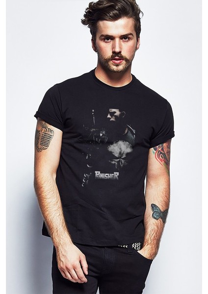 The Punisher Baskılı Siyah Erkek Örme Tshirt