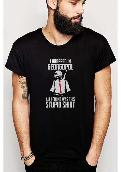 Pubg I Dropped In Georgopol Baskılı Siyah Erkek Örme Tshirt
