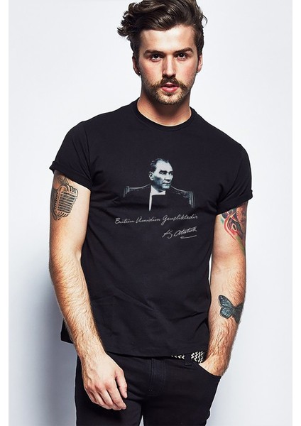 Bütün Ümidim Gençlikte Atatürk Atatürk'ün 19 Baskılı Siyah Erkek Örme Tshirt