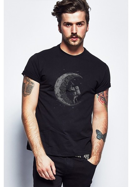 Ay Astronot Baskılı Siyah Erkek Örme Tshirt