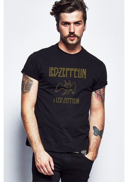 LED Zeppelin x LED Zeppelin Metal Baskılı Siyah Erkek Örme Tshirt