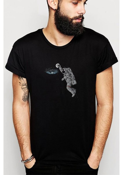 Astronot Smaç Baskılı Siyah Erkek Örme Tshirt