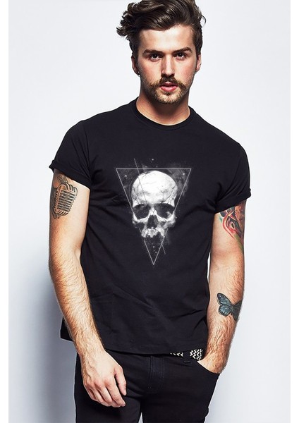 Skull Triangle Baskılı Siyah Erkek Örme Tshirt