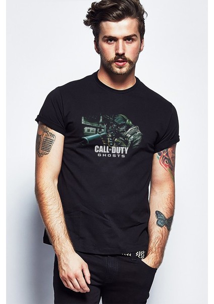 Call Of Duty Ghost Drawing Baskılı Siyah Erkek Örme Tshirt