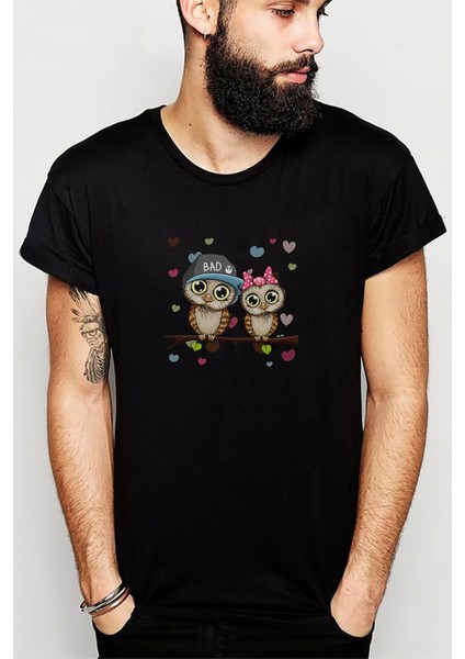 Ağaç Dalı Üzerinde Tünemiş Iki Kahverengi Baskılı Siyah Erkek Örme Tshirt