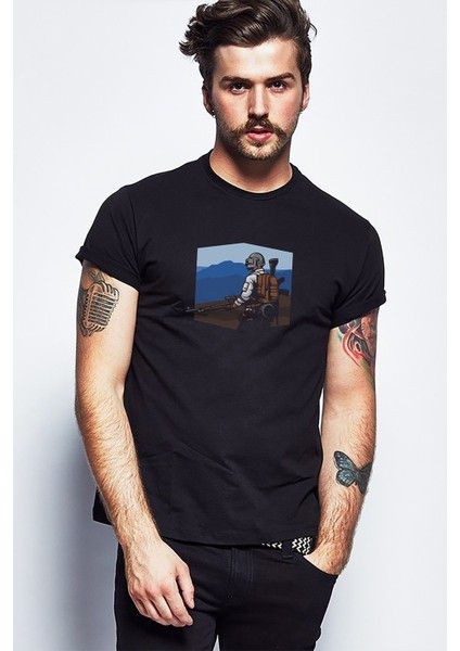 Pubg Sniper Mountain Baskılı Siyah Erkek Örme Tshirt