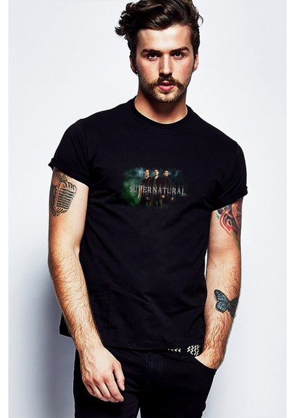 Supernatural Fear Baskılı Siyah Erkek Örme Tshirt