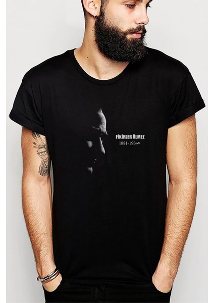 Atatürk Fikirler Ölmez Baskılı Siyah Erkek Örme Tshirt