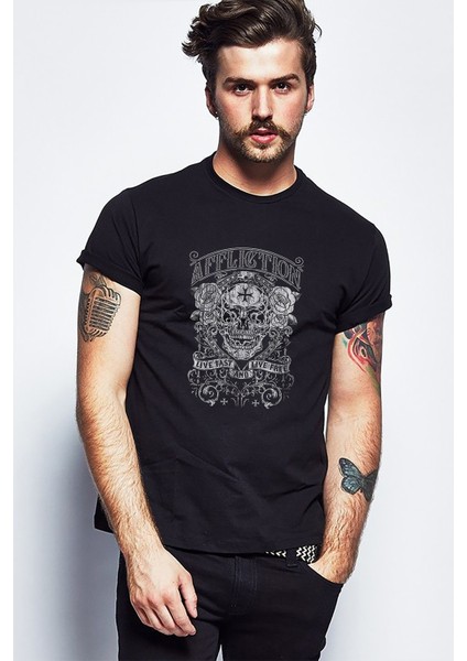 Affliction Clothing On Live Fast And Baskılı Siyah Erkek Örme Tshirt