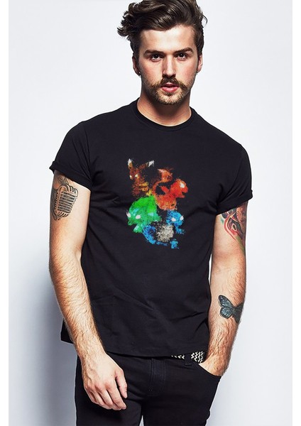 Pokemon Hd 3D Mobile Full Baskılı Siyah Erkek Örme Tshirt
