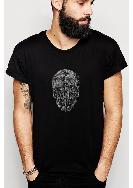 Gambling Door Skull Kurukafa Baskılı Siyah Erkek Örme Tshirt