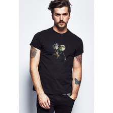 Qivi Anime Wolf Howling Baskılı Siyah Erkek Örme Tshirt