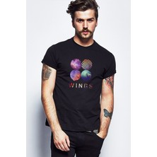 Qivi Bts Wings K Pop Baskılı Siyah Erkek Örme Tshirt