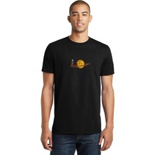 Qivi Saturn Uzay Astronot T Shirt Baskılı Siyah Erkek Örme Tshirt