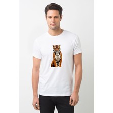 Qivi Kaplan Bali Kaplan Bengal Kaplan Sumatra Baskılı Beyaz Erkek Örme Tshirt