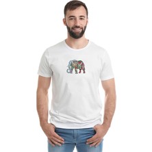 Qivi Mandala Çizim Asya Fili Boyama Baskılı Beyaz Erkek Örme Tshirt