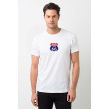 Qivi Route 66 Logo Baskılı Beyaz Erkek Örme Tshirt