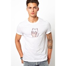 Qivi Kawaii Cat Kedi Baskılı Beyaz Erkek Örme Tshirt