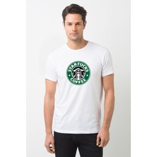 Qivi Starfucks Coffee Baskılı Beyaz Erkek Örme Tshirt