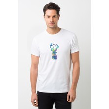 Qivi Watercolor Deer Color Baskılı Beyaz Erkek Örme Tshirt