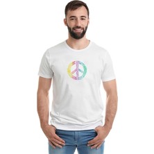 Qivi Peace Hippie Peace Symbols Baskılı Beyaz Erkek Örme Tshirt