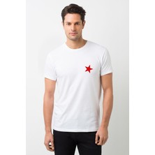 Qivi Kızıl Yıldız Baskılı Beyaz Erkek Örme Tshirt