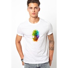 Qivi Ananas Kokteyl Suluboya Resim Punch Dövme Baskılı Beyaz Erkek Örme Tshirt