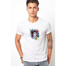 Qivi Aslan Sanat Çizim Poster Boyama Aslan Baskılı Beyaz Erkek Örme Tshirt