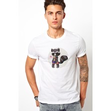 Qivi Groot Kedi Baskılı Beyaz Erkek Örme Tshirt
