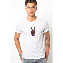 Qivi Savaş Değil Barış Işareti Seviyorum 1960'LARDA Baskılı Beyaz Erkek Örme Tshirt T-Shirt Tişört T Shir